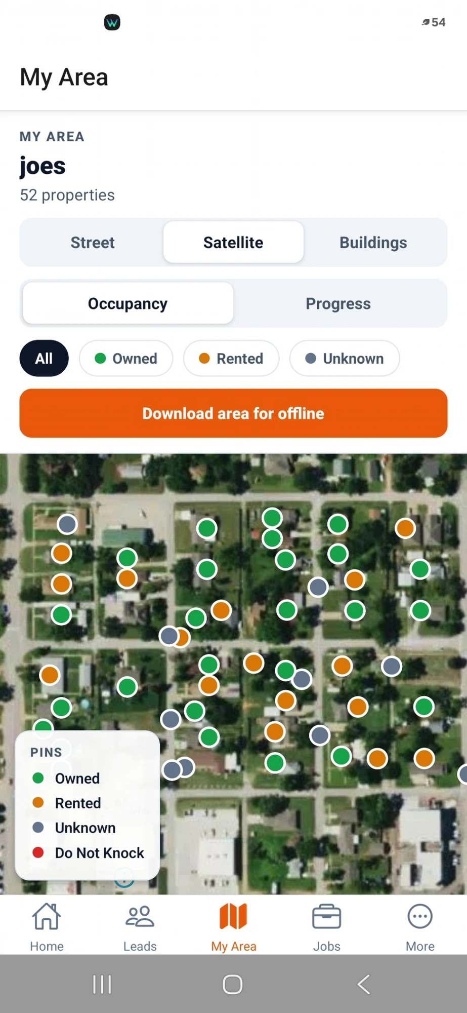 RoofSpan Mobile My Area — a salesperson's assigned canvass section on satellite view
