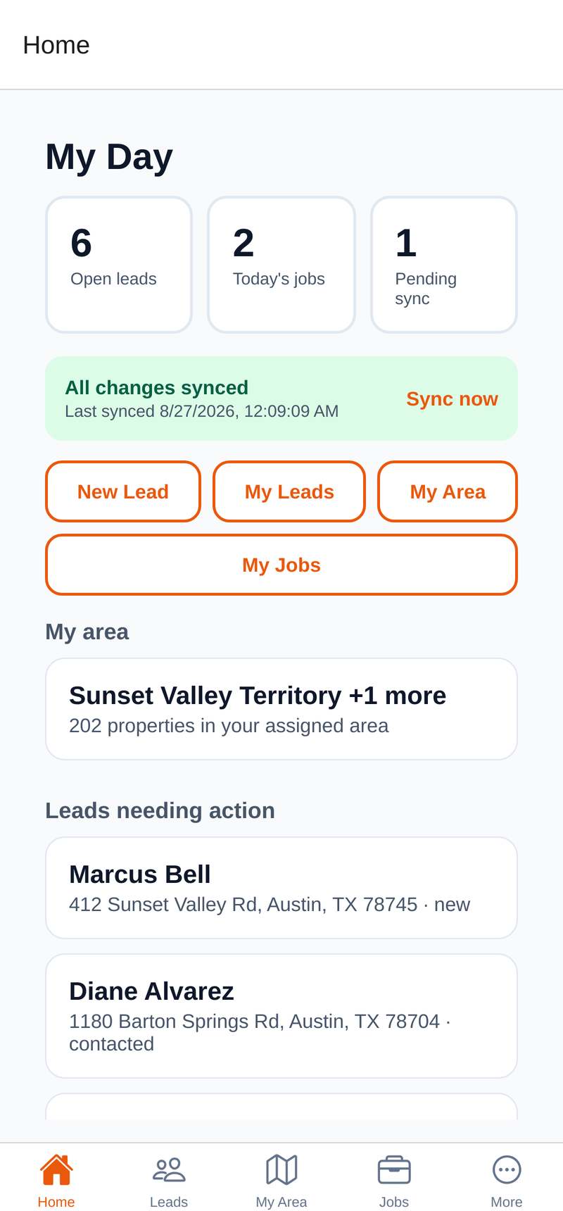 RoofSpan Mobile field app My Day home screen
