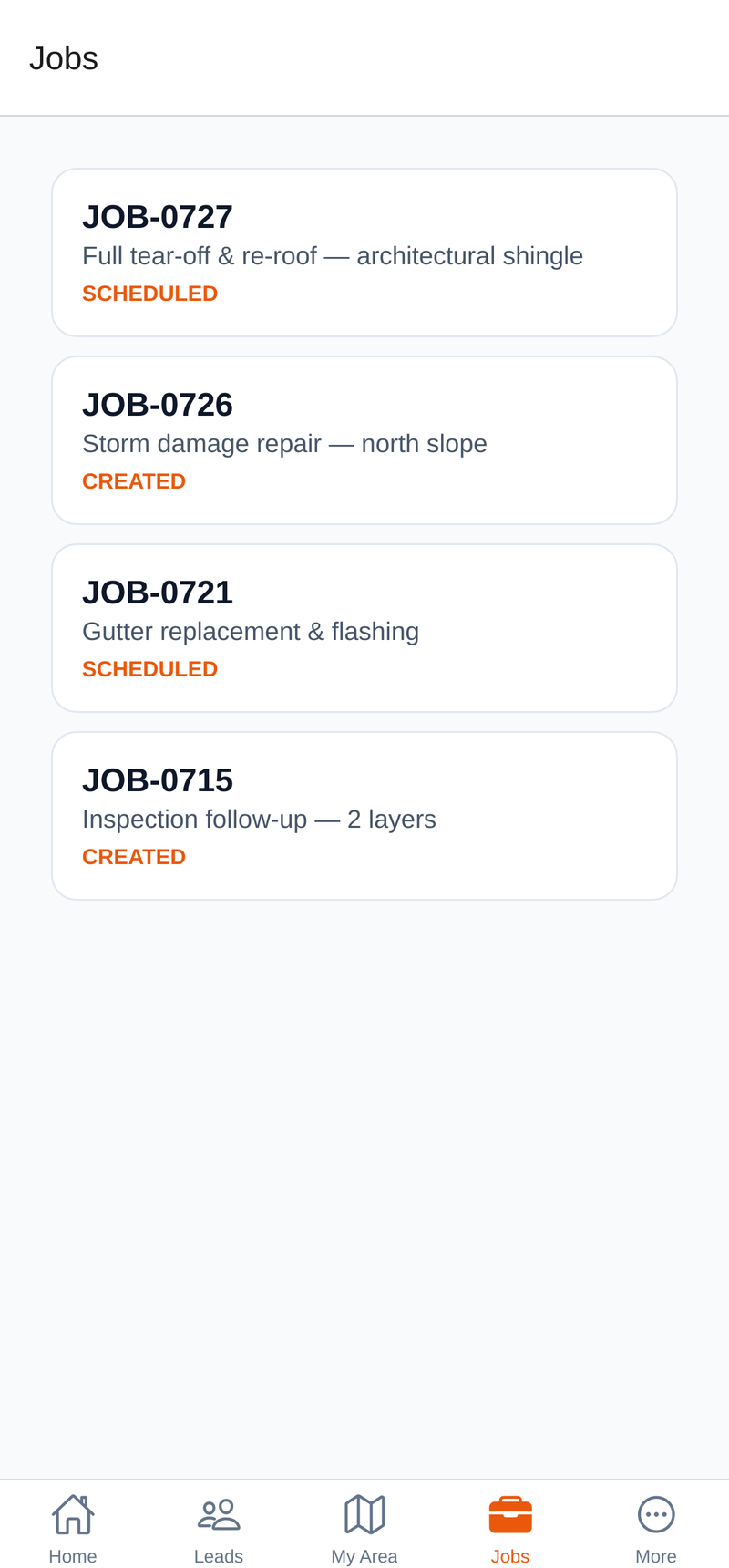 RoofSpan Mobile field app jobs list
