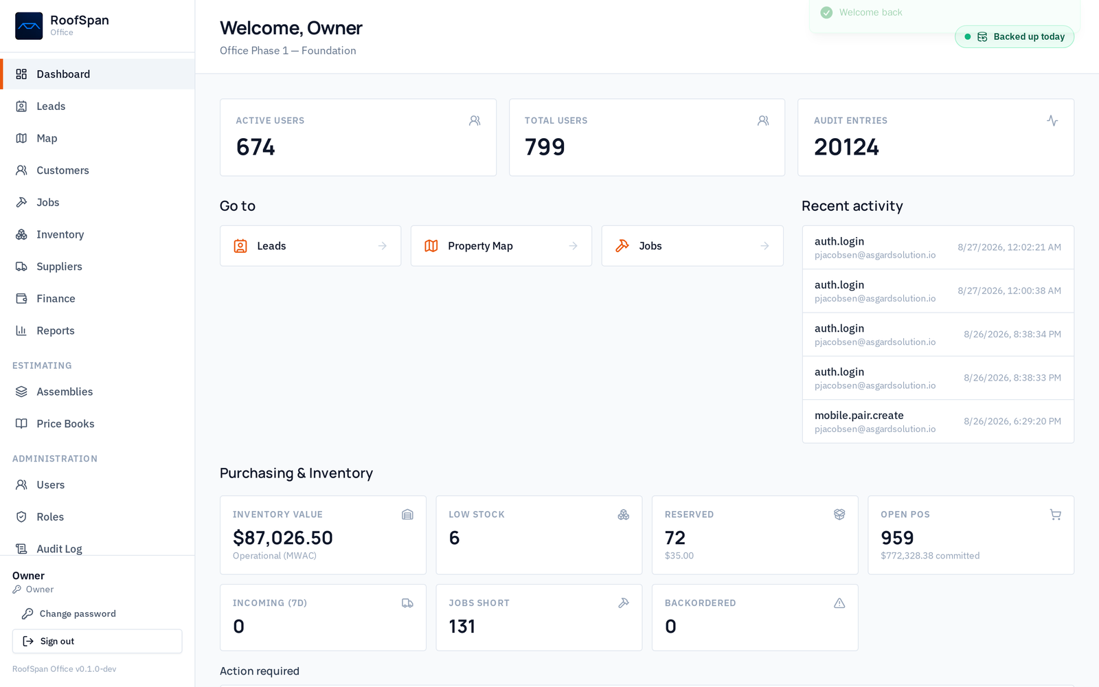 RoofSpan Office dashboard with active users, recent activity, and inventory metrics