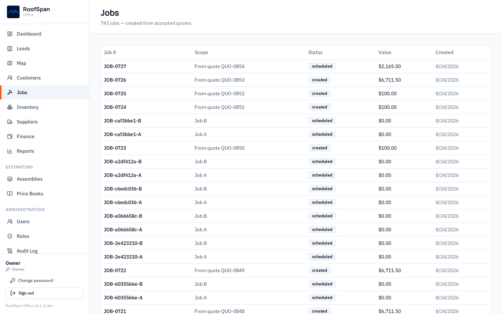 RoofSpan Office jobs list with job numbers, scope, status and value