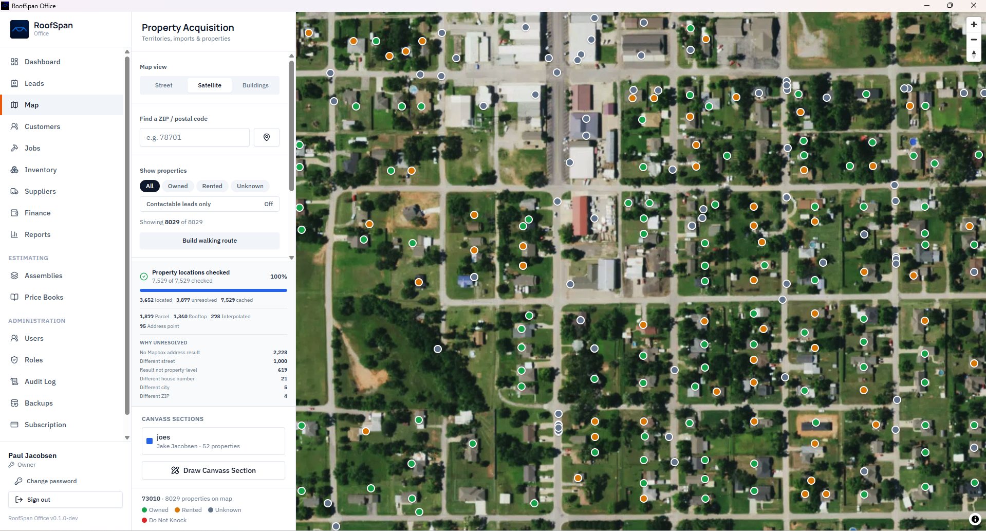 RoofSpan Office satellite view with individual owned, rented and unknown property pins across neighborhood streets