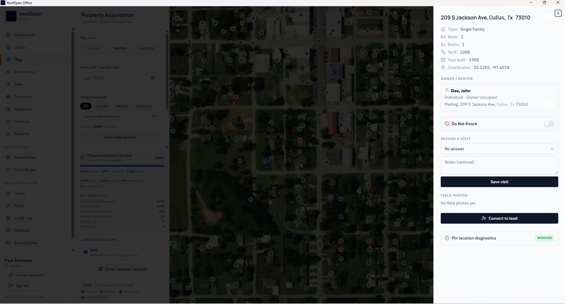 RoofSpan Office property detail panel with owner info, record-a-visit, field photos and convert-to-lead